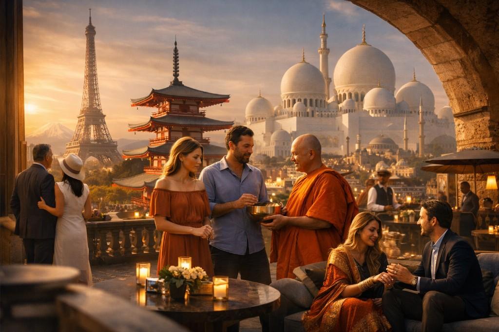 Diverse leaders in cultural dress gathering on a terrace at sunset with global landmarks