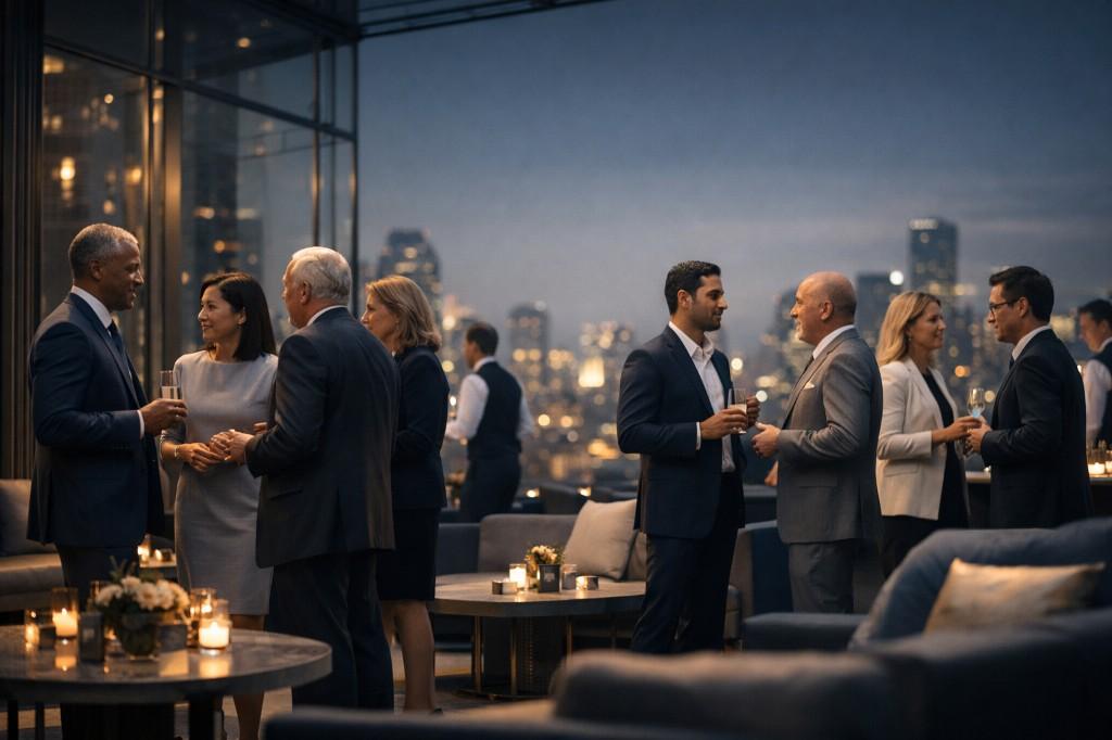 Delegates networking on a rooftop terrace overlooking the city at twilight